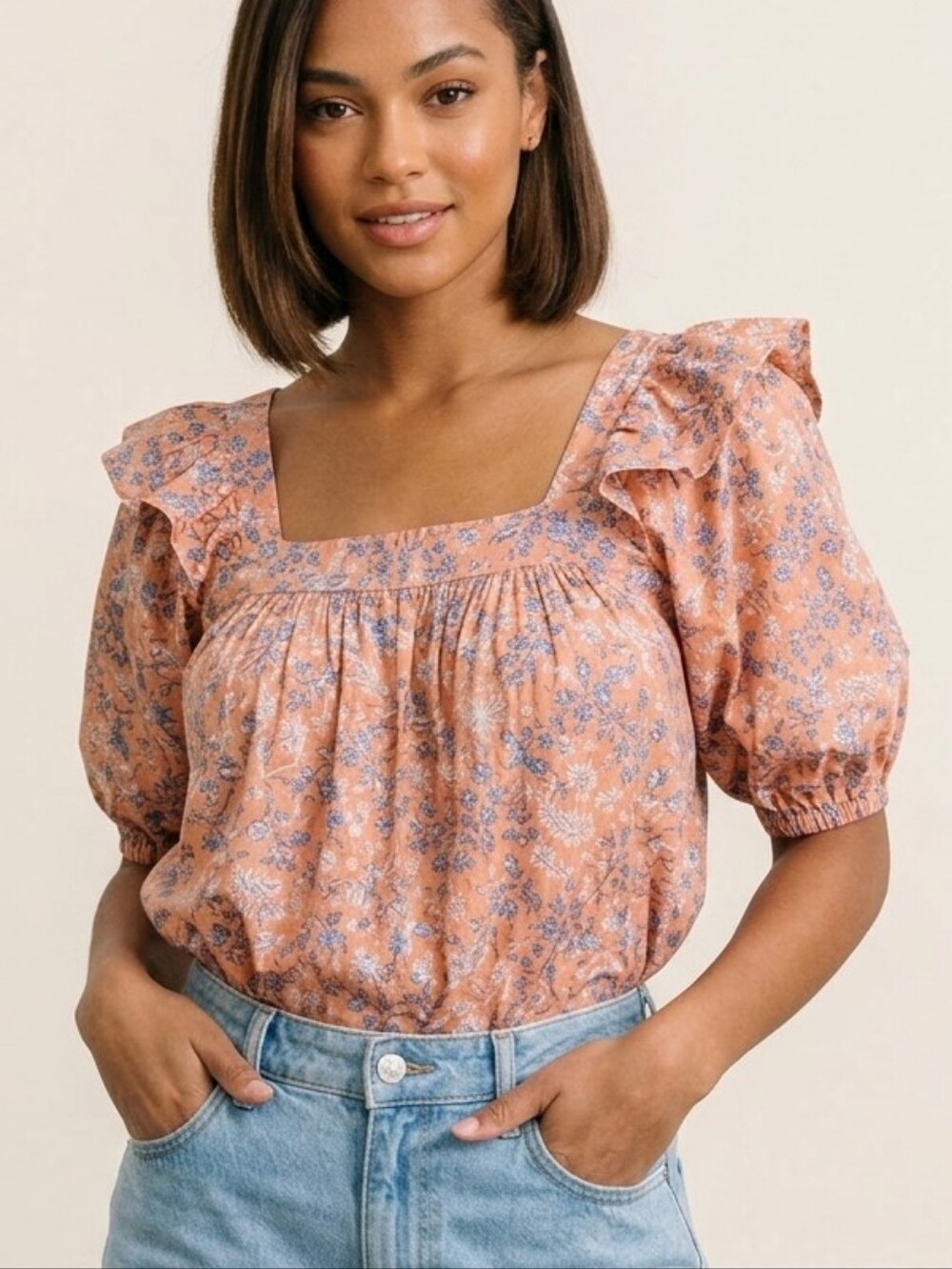 Cleobella Mariana Puff Short Sleeve Blouse Top Floral Print Ruffled Pink XS - Picture 1 of 16